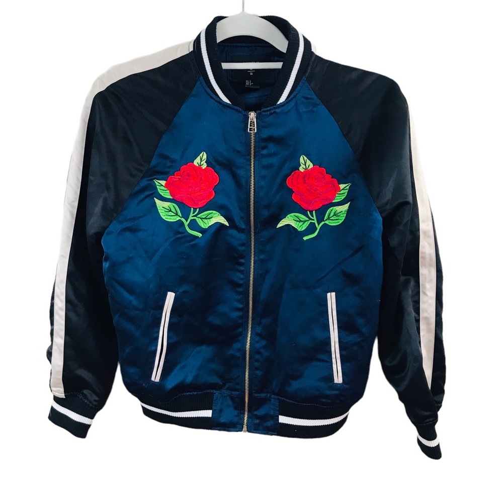Letterman Floral Bomber Jacket with Roses Small Satin Like With Embroider…